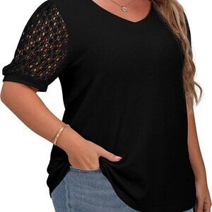 Plus Size Tops for Women Summer Blouse Waffle Knit Short Lace Sleeve Shirts